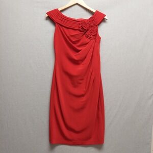 Adrianna Papell Red Cocktail Dress Ruched Rosette Sheath Evening Party Wedding 6